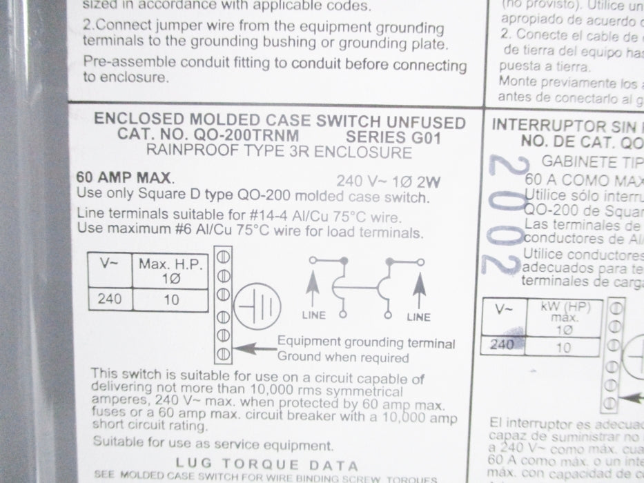 SQUARE D QO200TRNM SER. G01 240VAC 60A NSMP