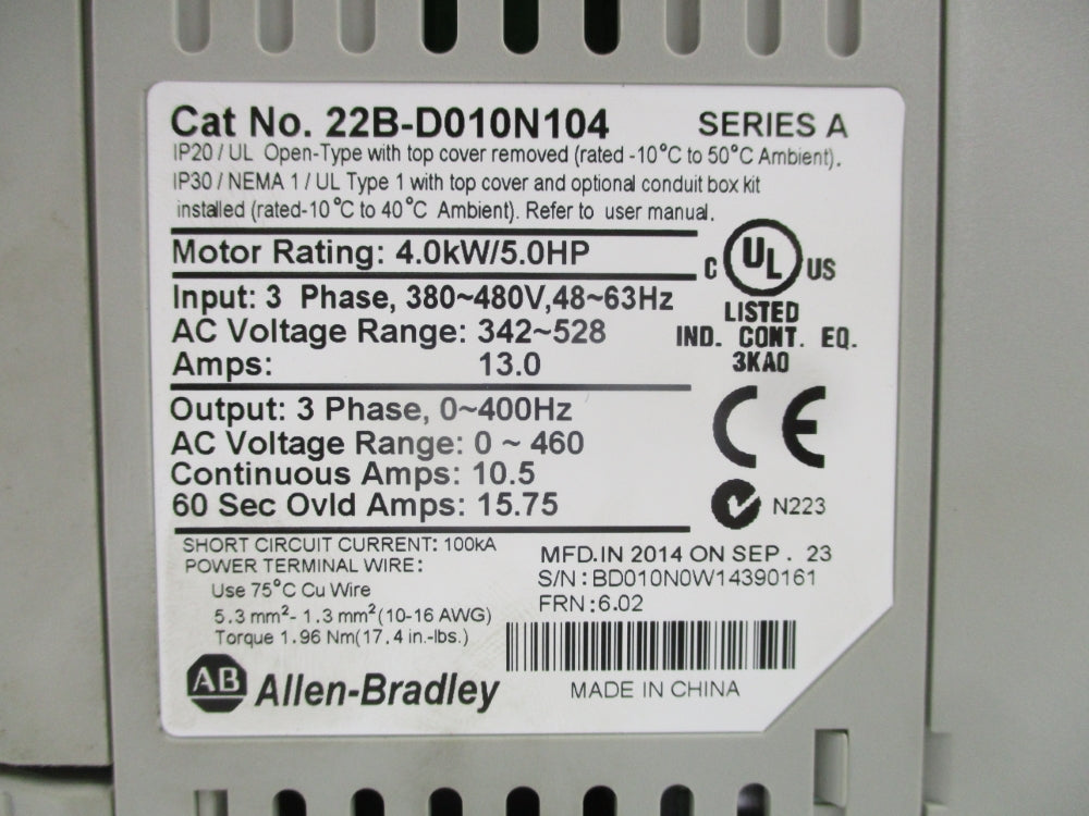 ALLEN BRADLEY 22B-D010N104 SER. A 342-528V 10.5A F/W 6.02 NSMP