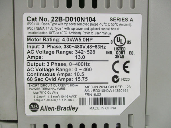 ALLEN BRADLEY 22B-D010N104 SER. A 342-528V 10.5A F/W 6.02 NSMP