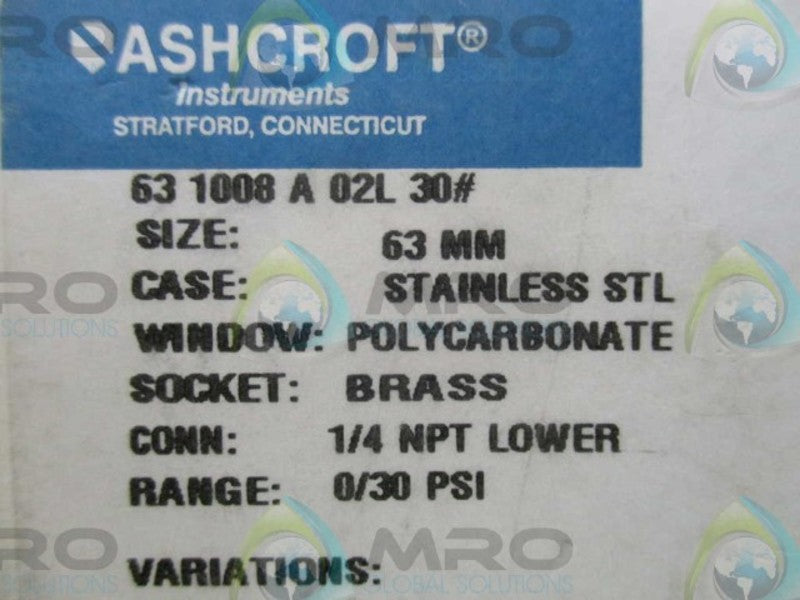 ASHCROFT 631008A02L-30# PRESSURE GAUGE 0-30 PSI NSMP
