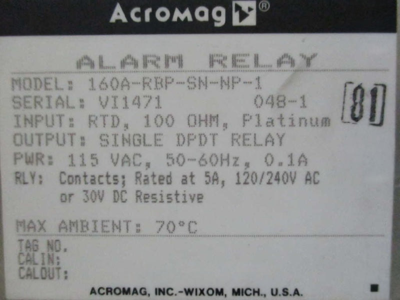 ACROMAG 160A-RBP-SN-NP-1 ALARM RELAY  NSNP