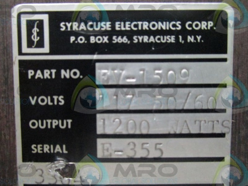 SYRACUSE ELECTRONICS CORPORATION P-0309-3 CONTROL W/EV-1509 TRANSFORMER UNMP
