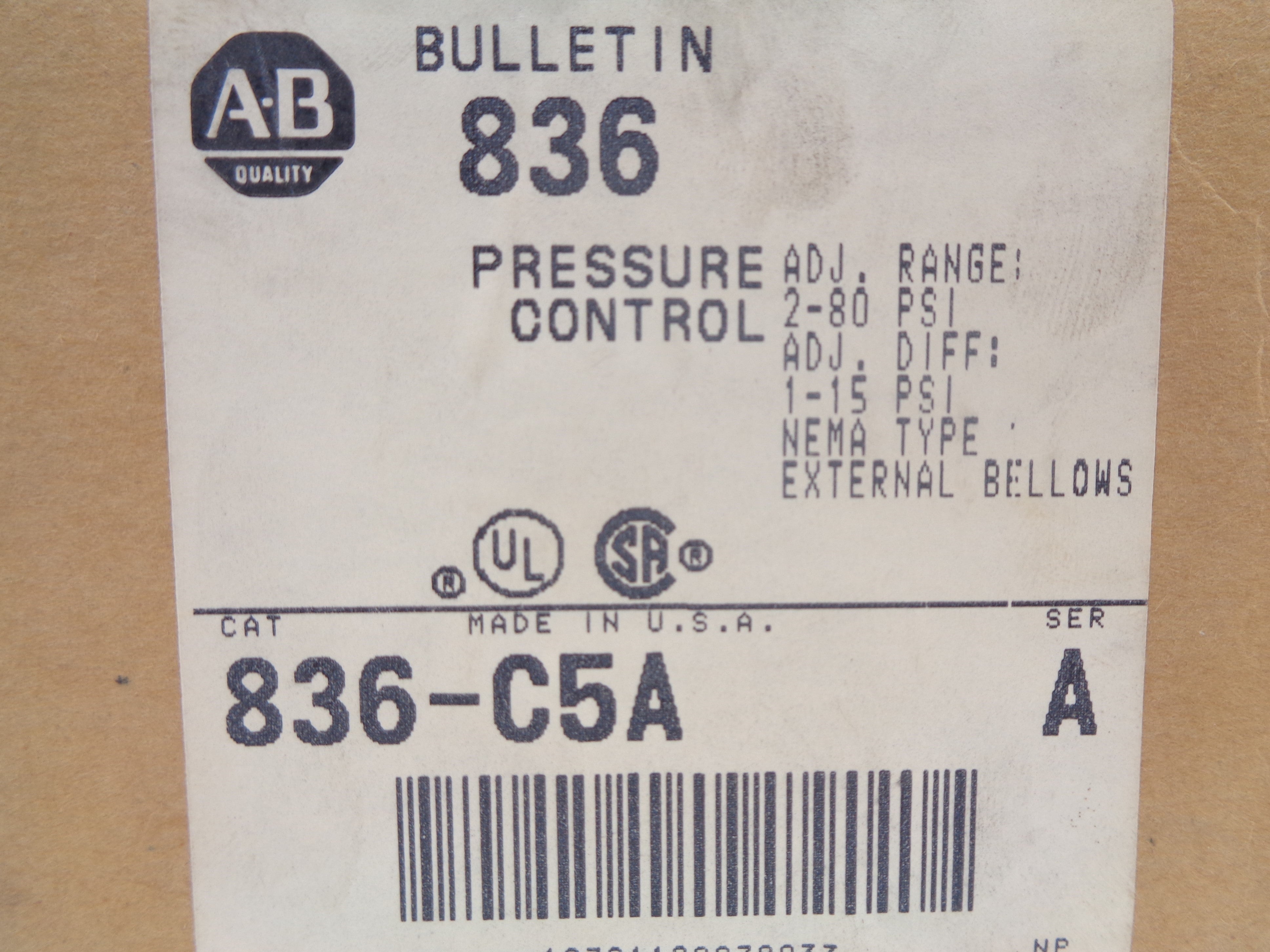 ALLEN BRADLEY 836-C5A SER. A 24-600VAC 2-80PSI (BR/WH) NSMP