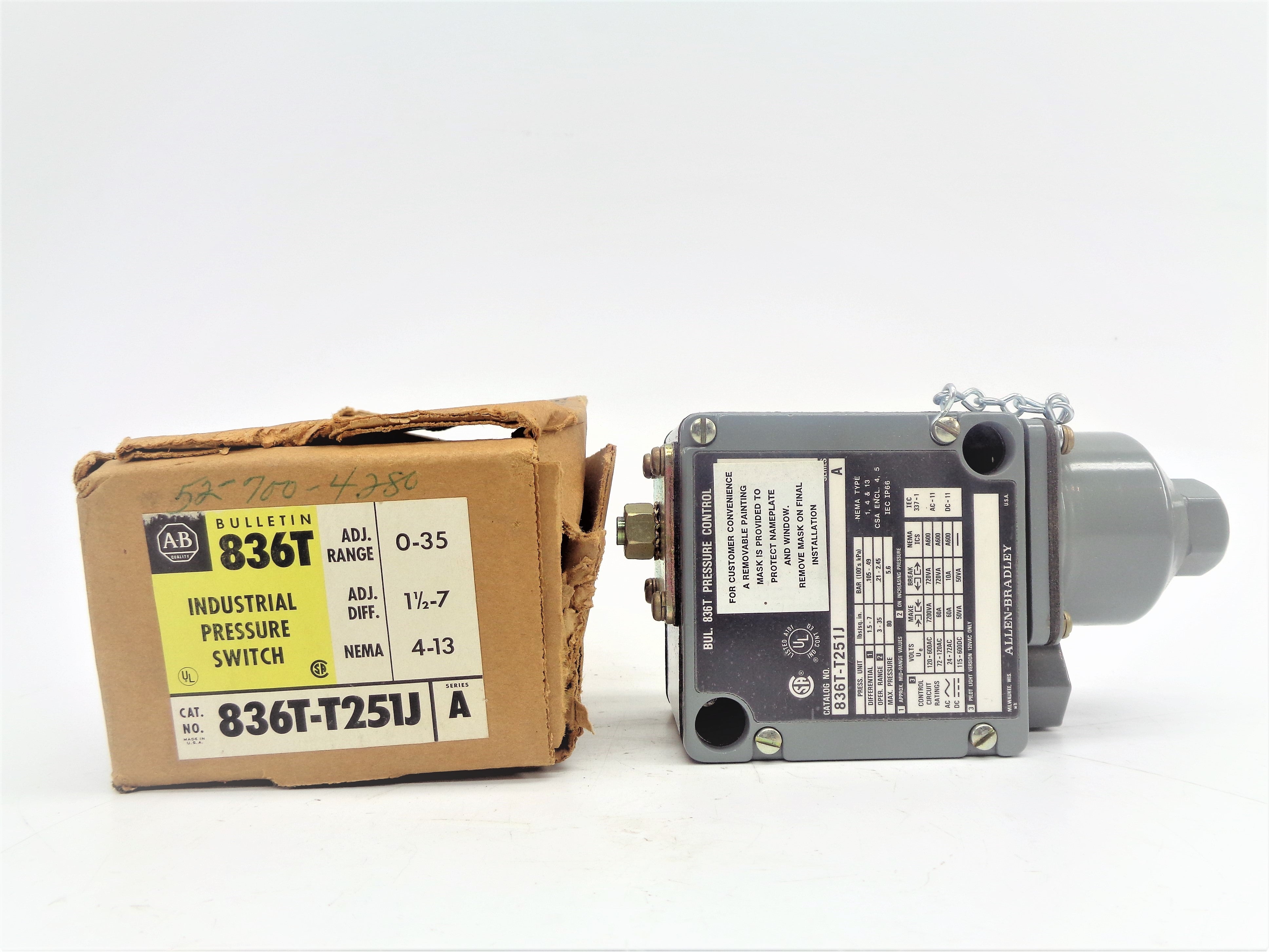 ALLEN BRADLEY 836T-T251J SER. A 120-600VAC 60A 3-35PSI (BR/YL) NSMP