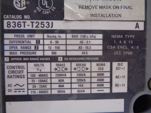 ALLEN BRADLEY 836T-T253J SER. A 120-600VAC 60A 12-150PSI NSNP