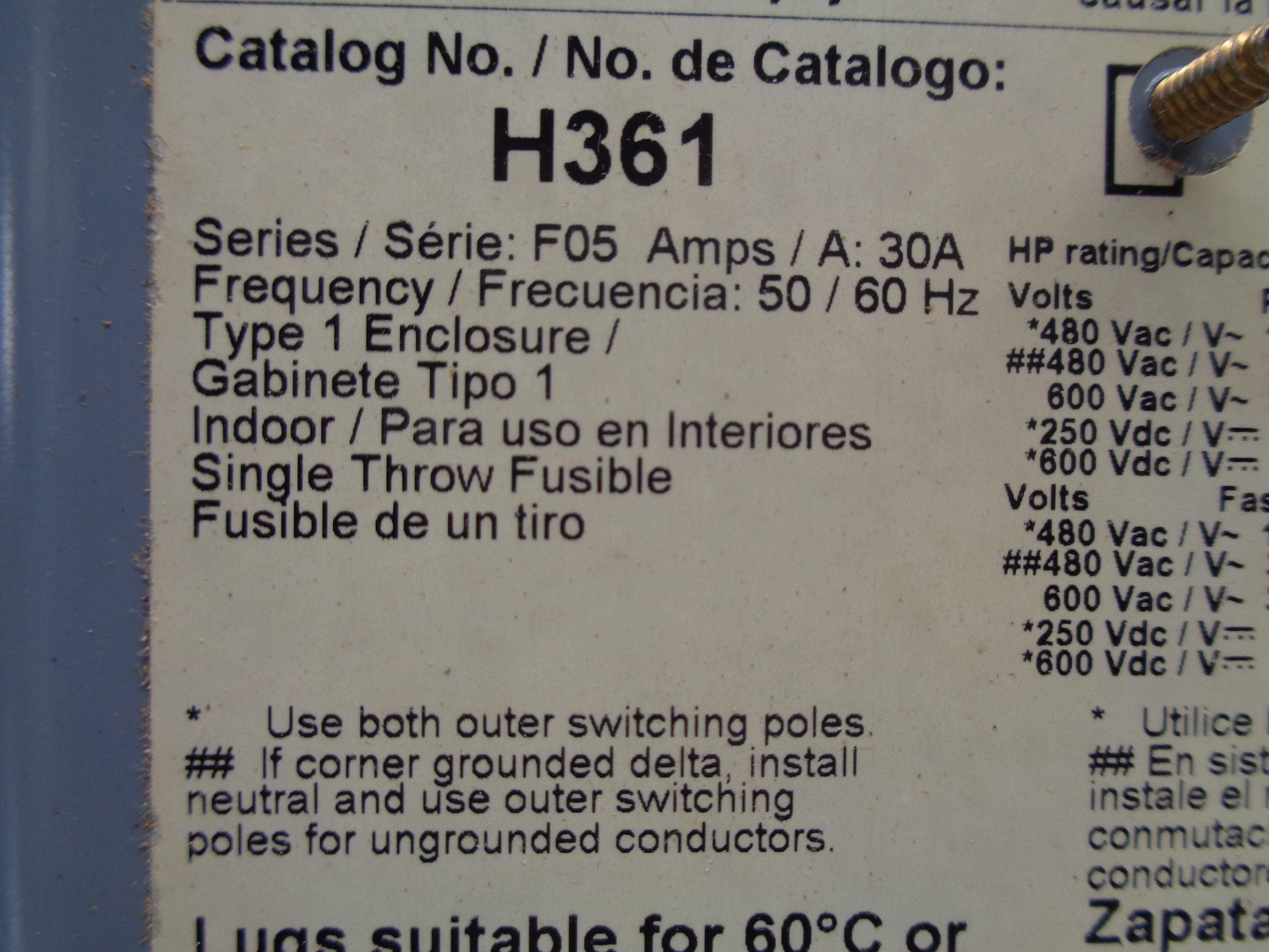 SQUARE D H361 SER. F05 600VAC/DC 30A NSNP