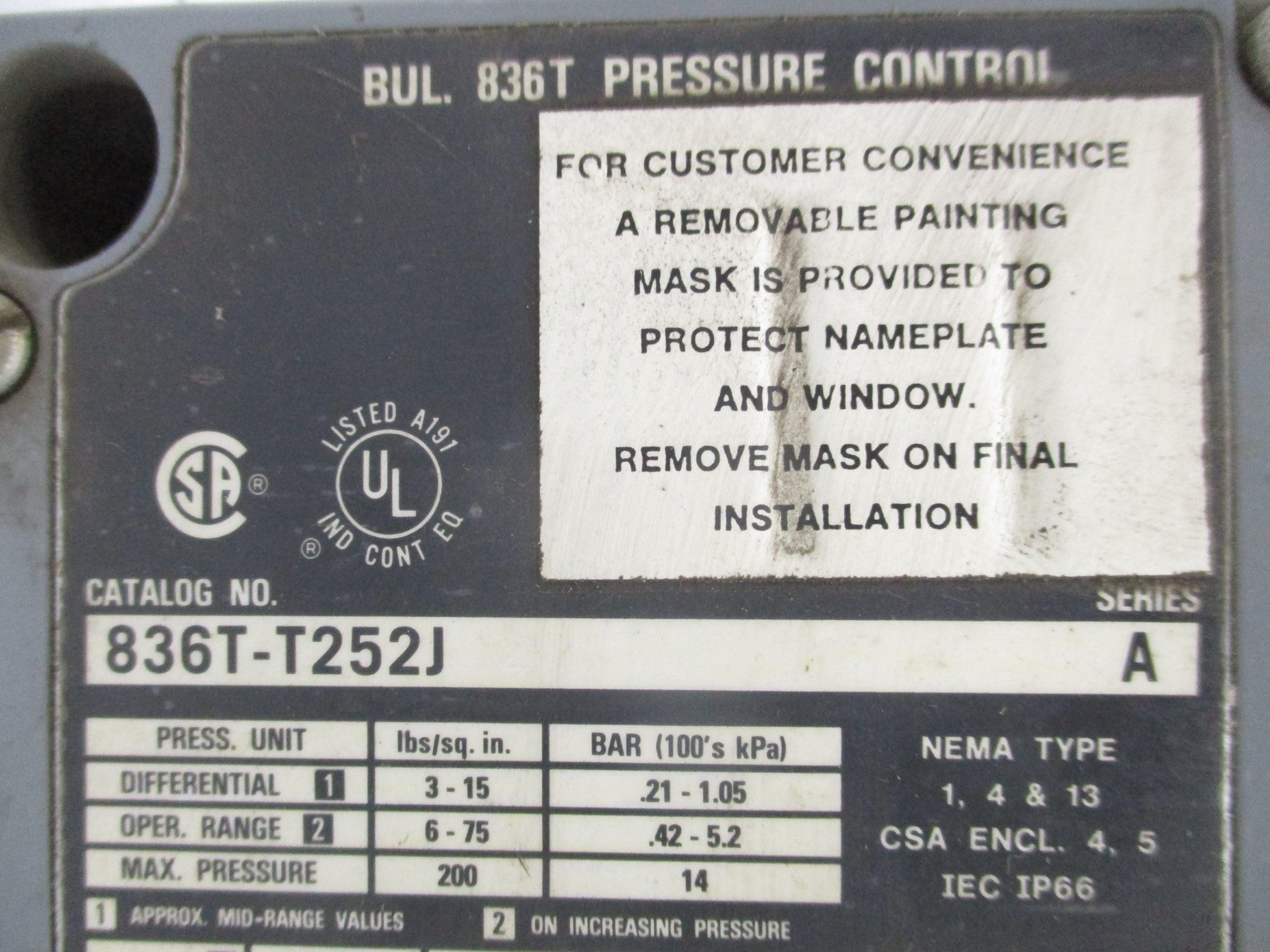 INDUSTRIAL SPARE PART 836T-T252J SER. A 120-600V 60A 6-75PSI NSNP