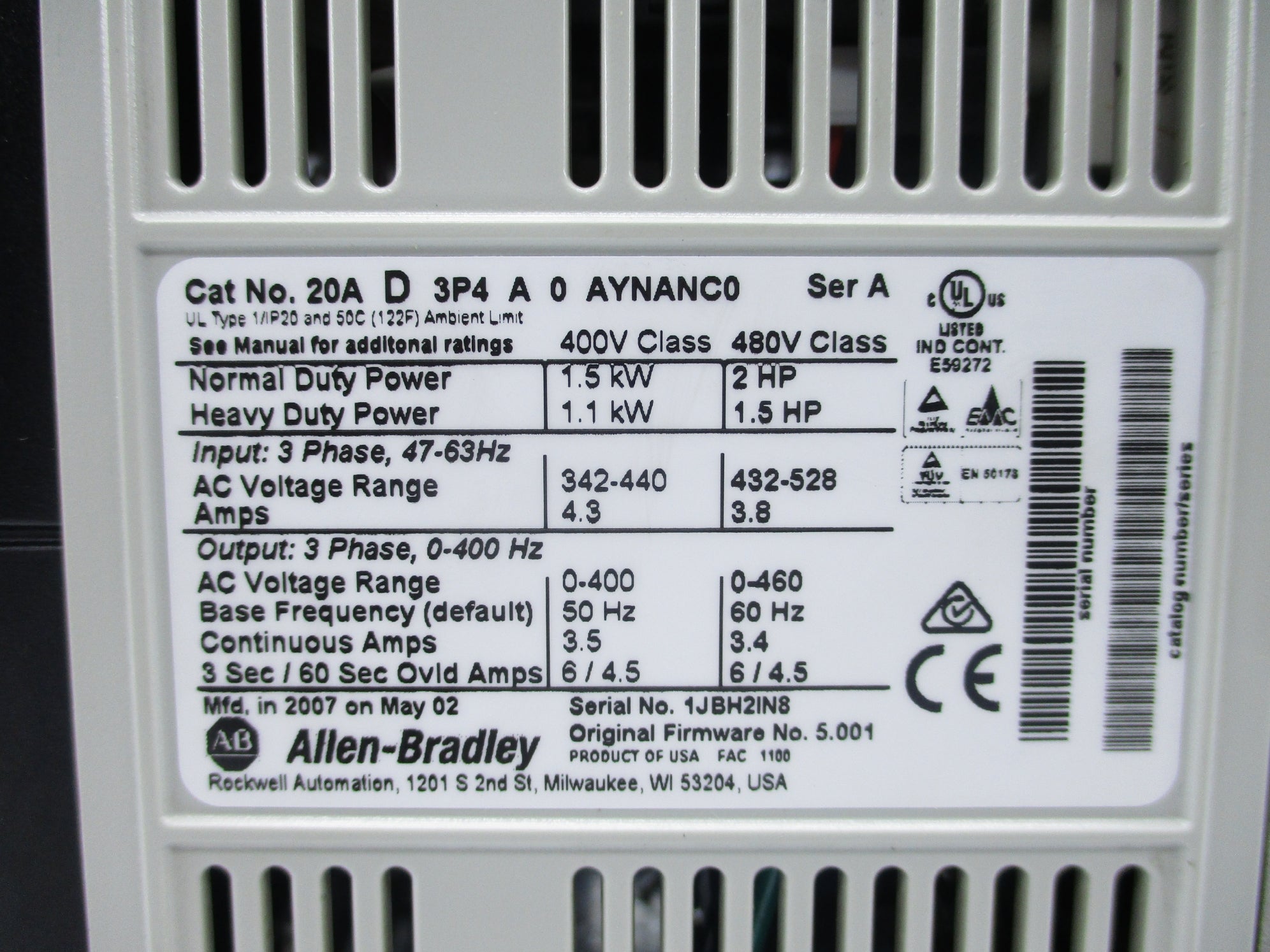 ALLEN BRADLEY 20AD3P4A0AYNANC0 SER. A F/W 5.001 UNMP