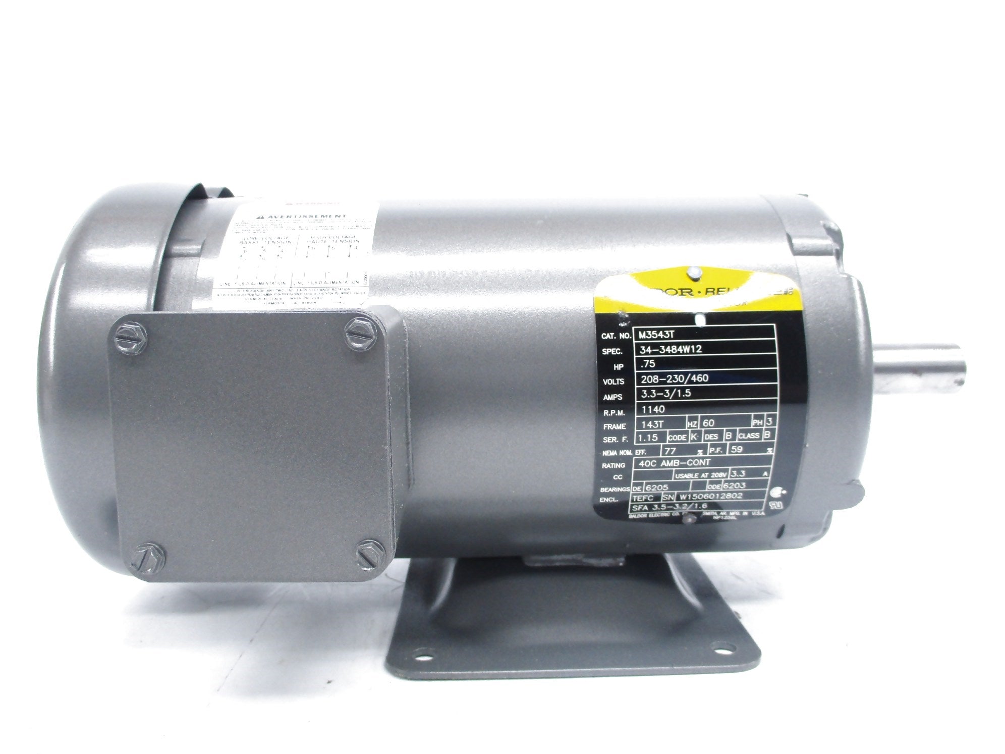 BALDOR M3543T 34-3484W12 208-230/460V 3.3-3/1.5A NSNP