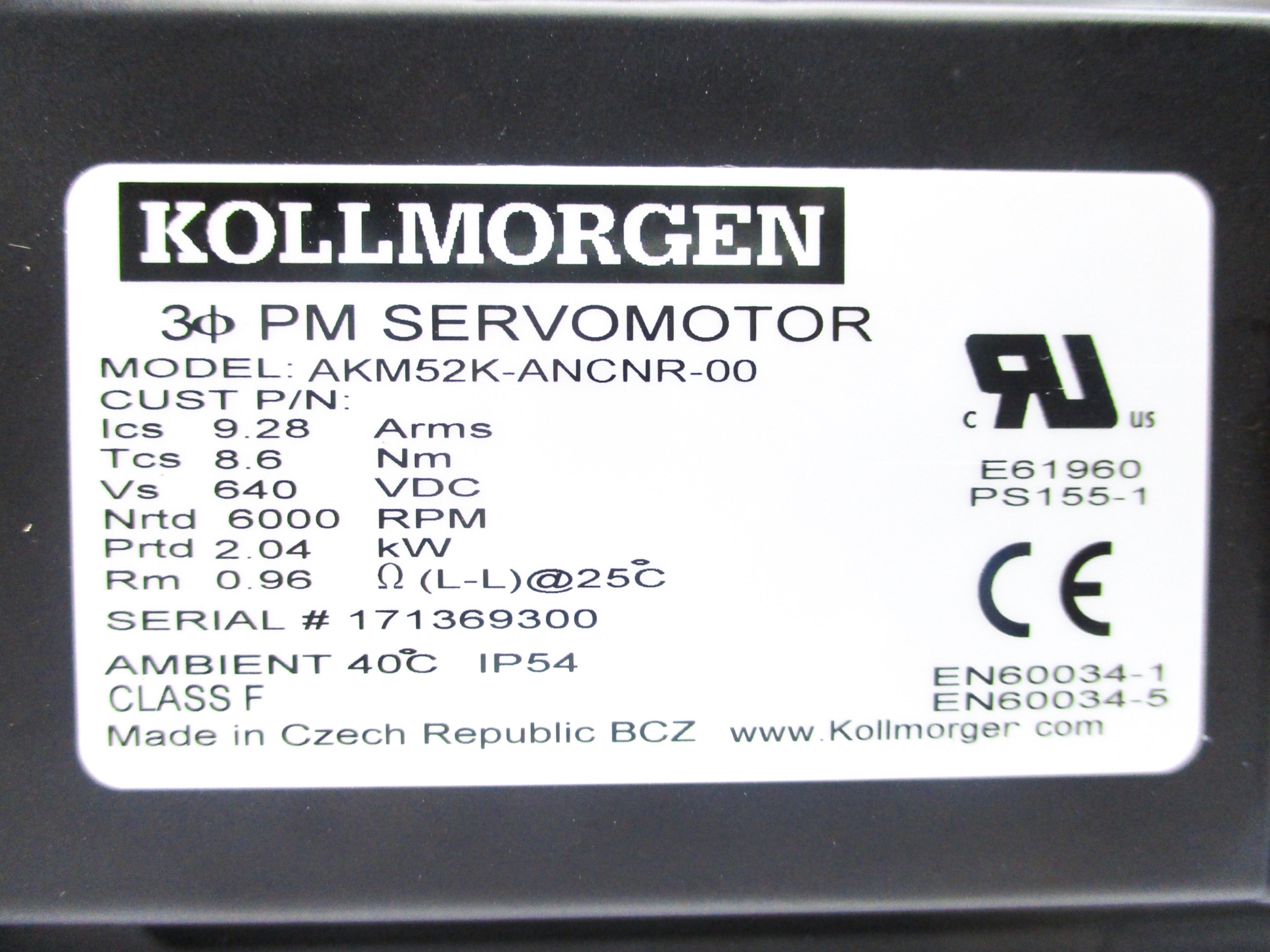 KOLLMORGEN AKM52K-ANCNR-00 640VDC 6000RPM NSNP