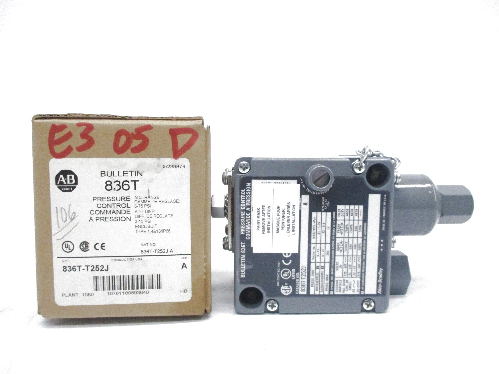 ALLEN BRADLEY 836T-T252J SER. A 120-600VAC 60A 6-75PSI  (BR/WH) NSMP