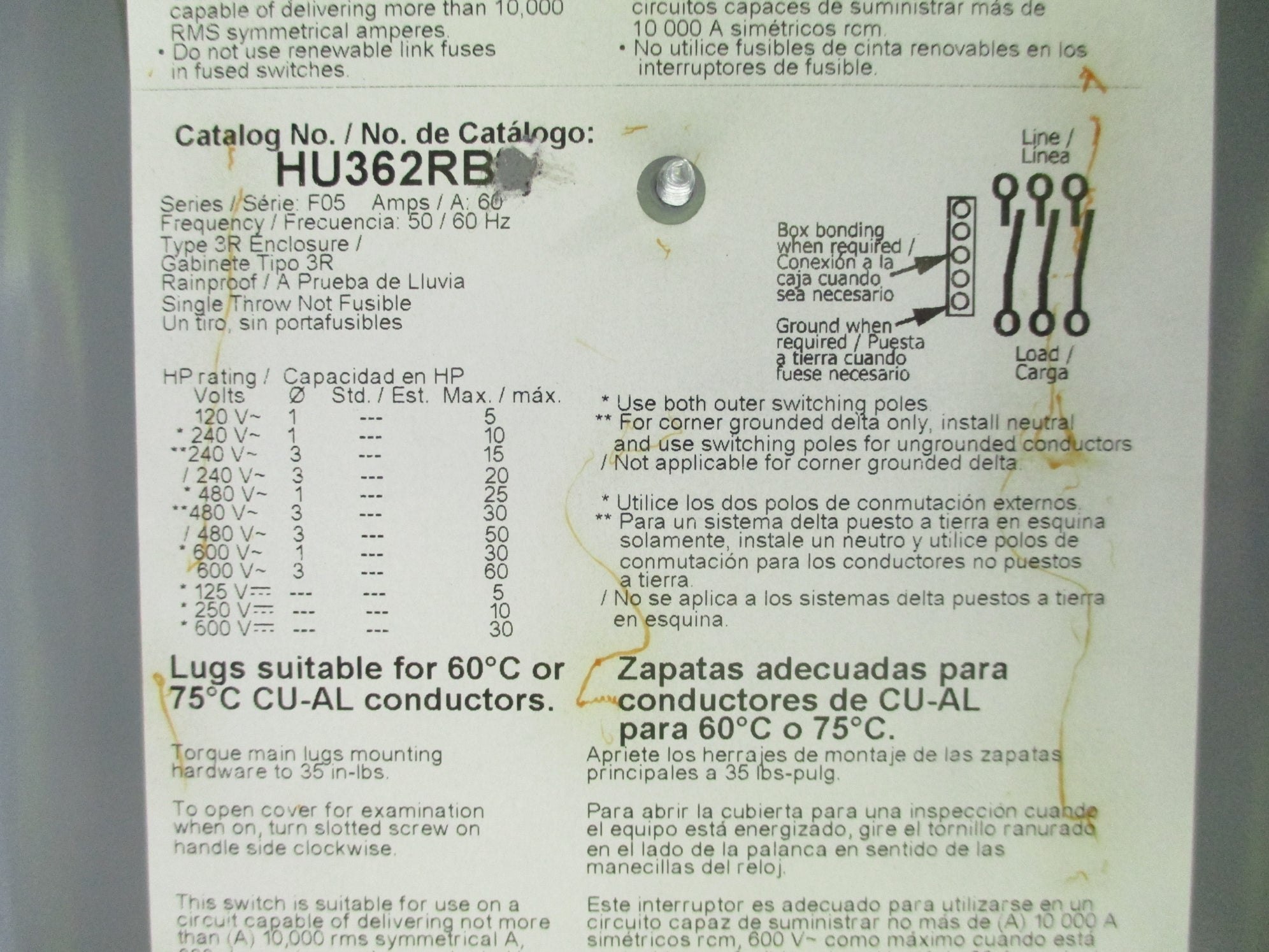 SQUARE D HU362RB SER. F05 600V 60A NSNP