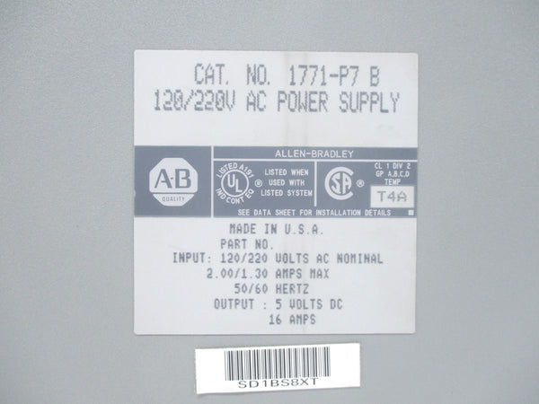 ALLEN BRADLEY 1771-P7 SER. B 120/220VAC 2.00/1.30A UNMP
