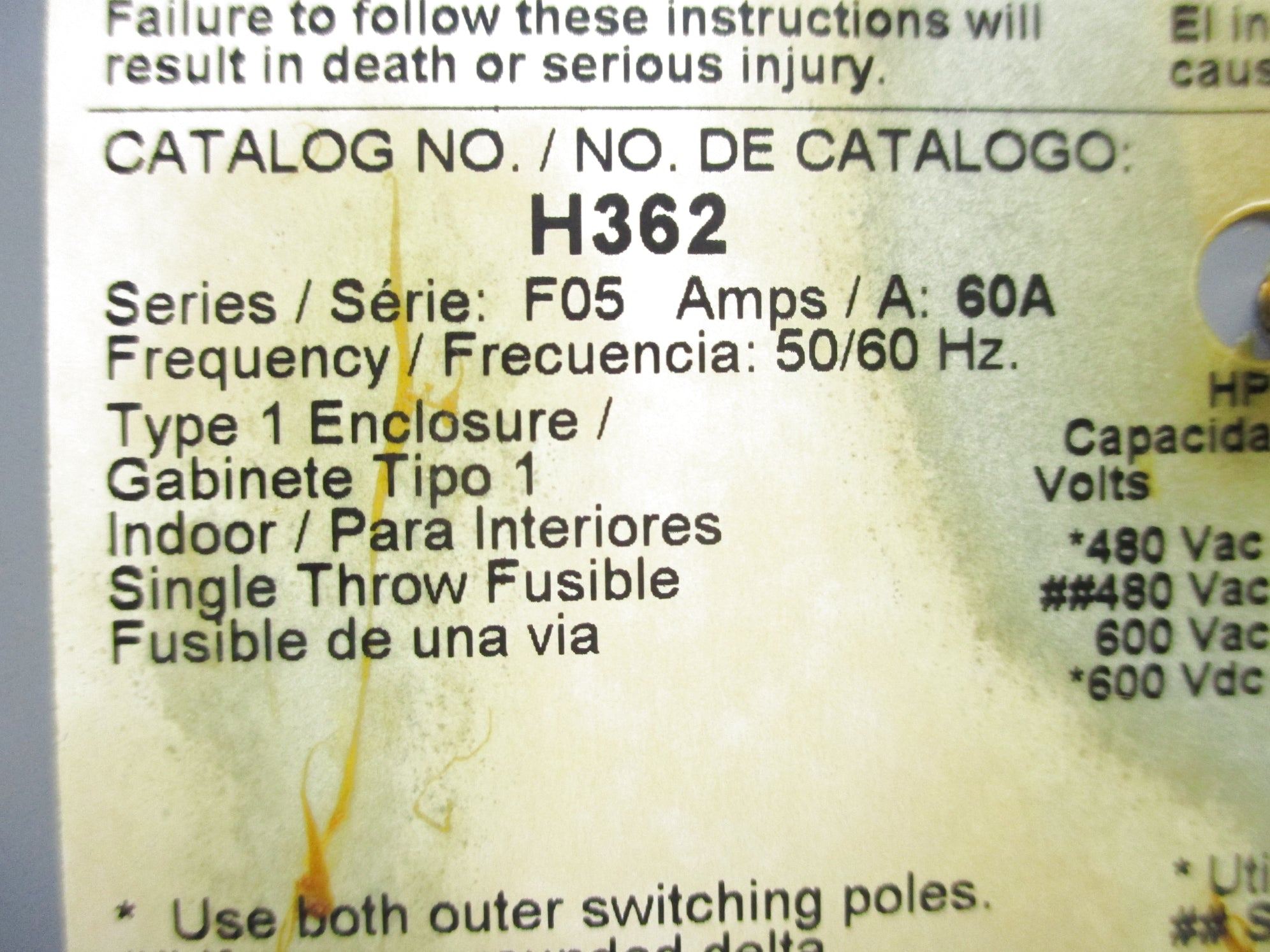 SQUARE D H362 SER. F05 600VAC 60A NSNP