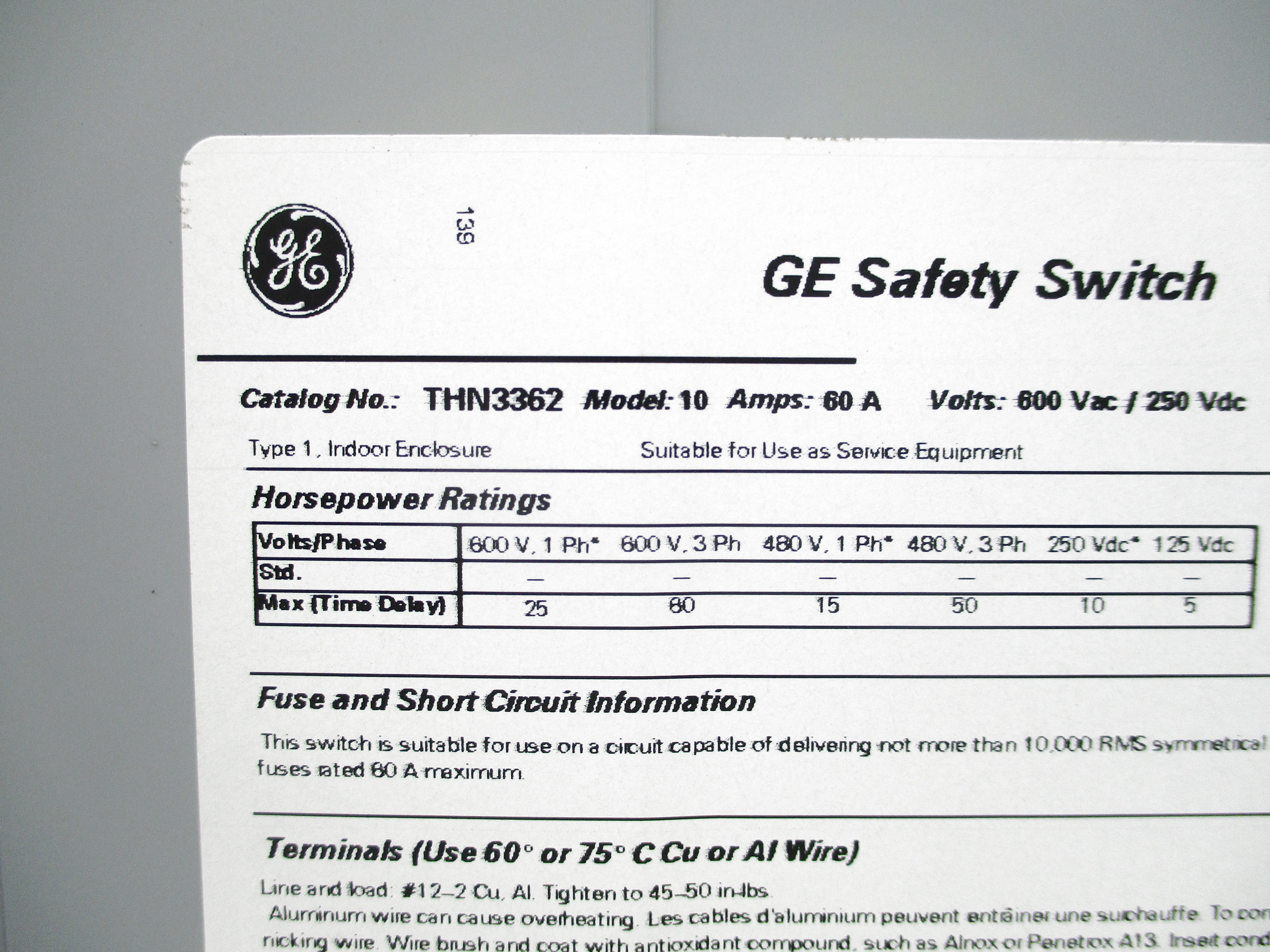 GENERAL ELECTRIC THN3362 600VAC 60A NSNP