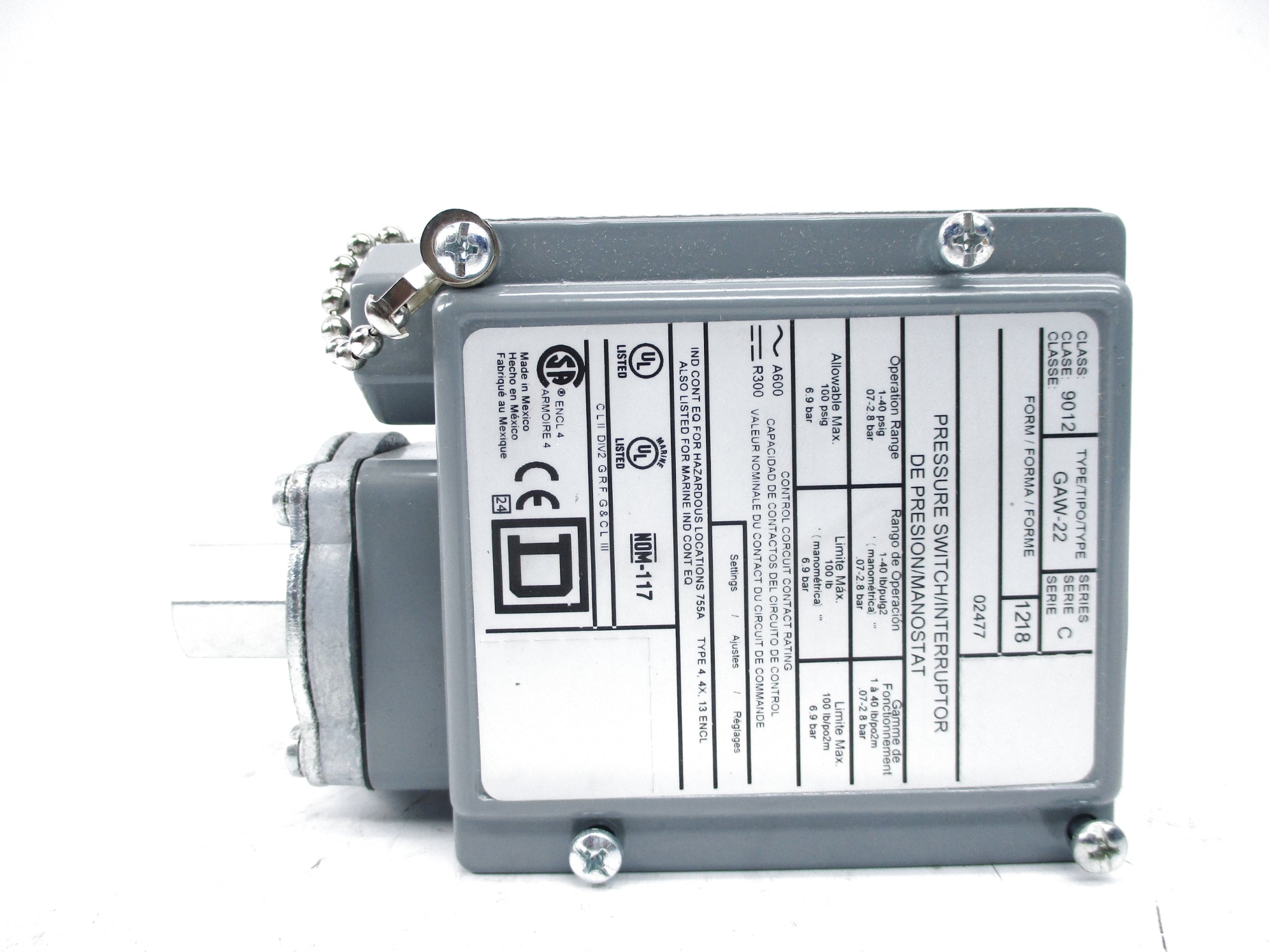 SQUARE D 9012GAW-22 SER. C 1-40PSI NSNP