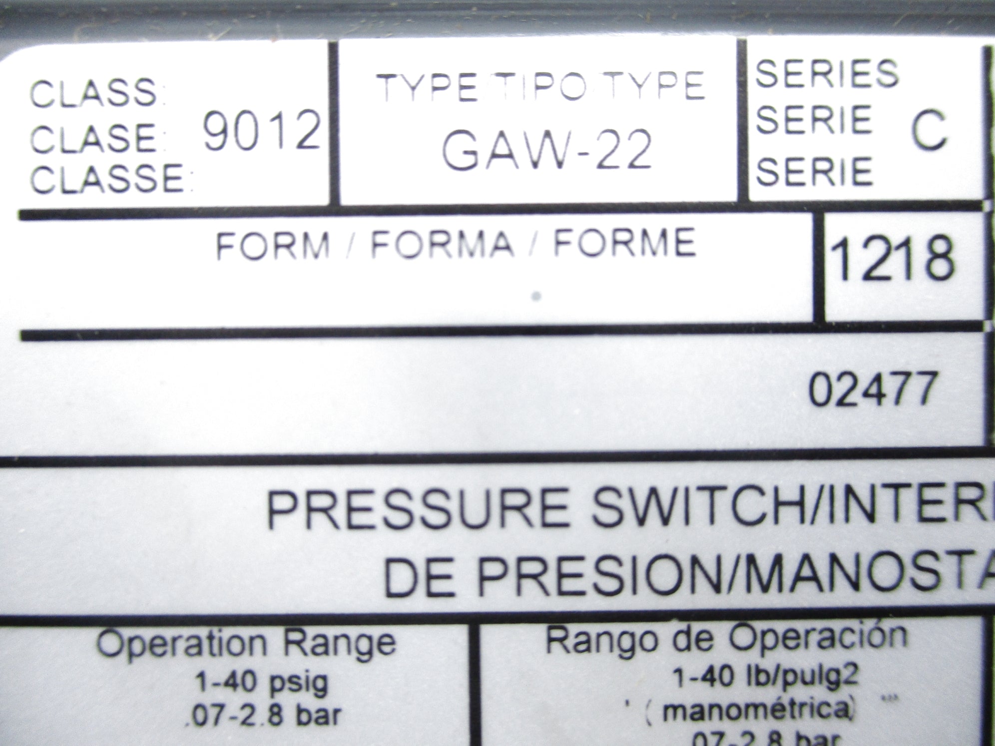 SQUARE D 9012GAW-22 SER. C 1-40PSI NSNP