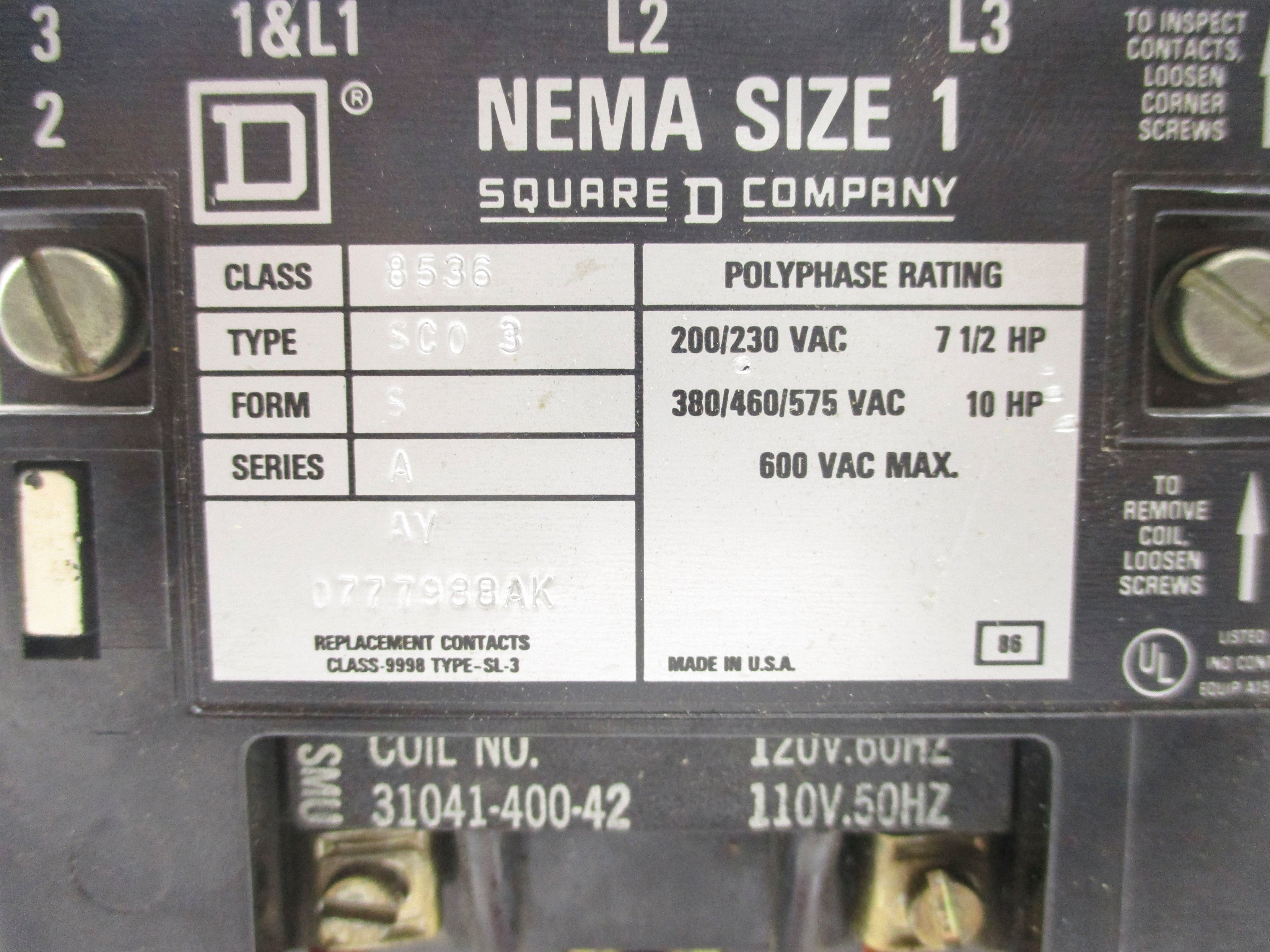 SQUARE D 8536SCO3S SER. A 110/120V UNMP
