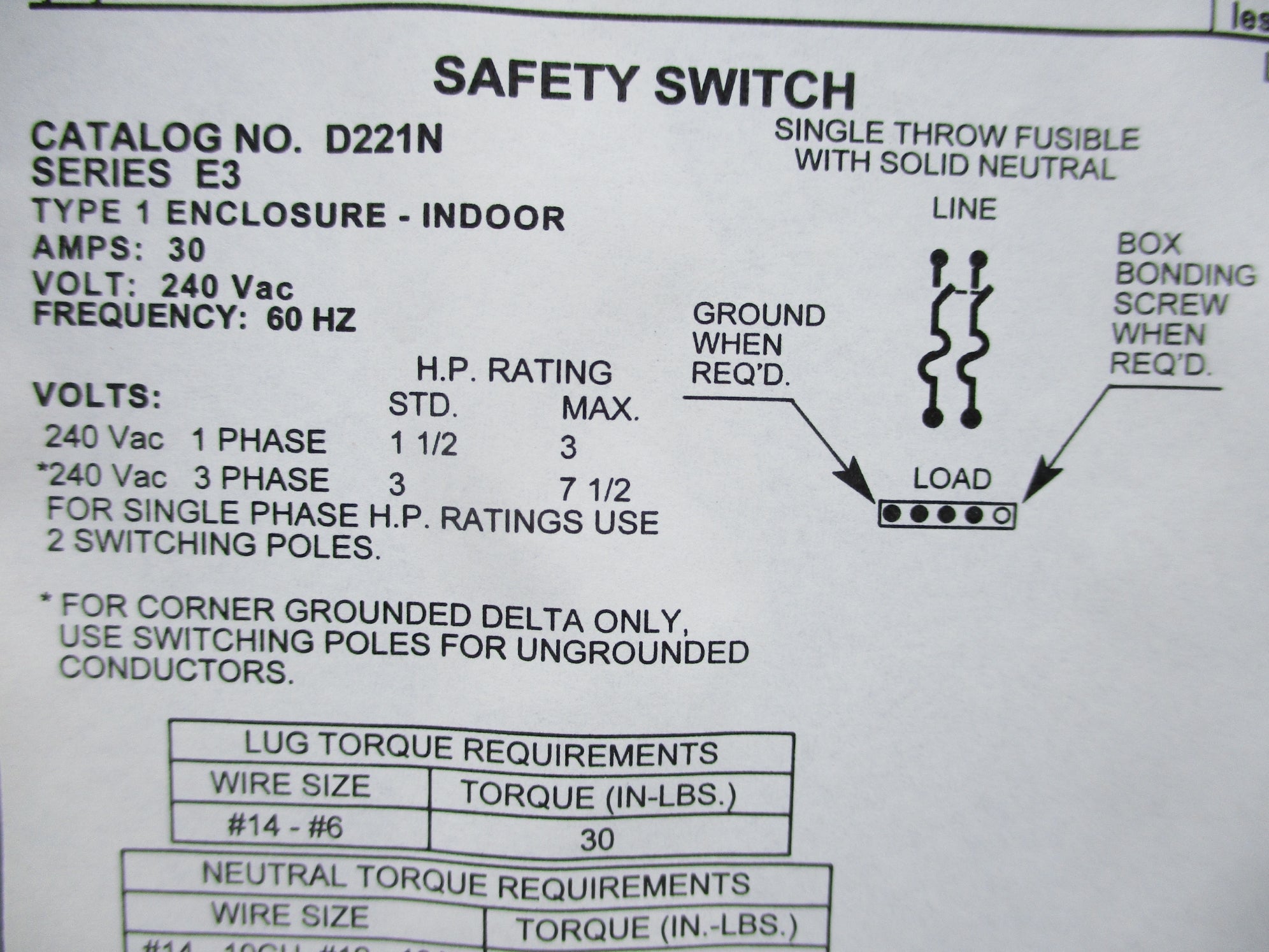 SQUARE D D221N SER. E3 240VAC 30A NSNP