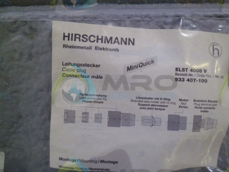 HIRSCHMANN 933-407-100 CABLE PLUG * NEW IN ORIGINAL PACKAGE *