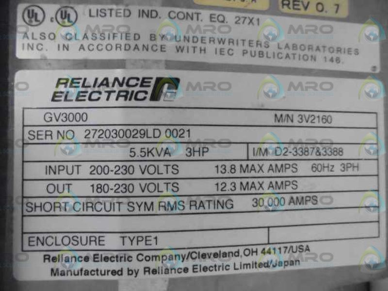 RELIANCE ELECTRIC 3V2160 AC DRIVE 3HP GV3000/SE  UNMP