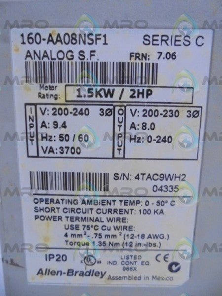 ALLEN BRADLEY 160-AA08NSF1P1 SER. C F/W 7.06 SPEED CONTROLLER  UNMP