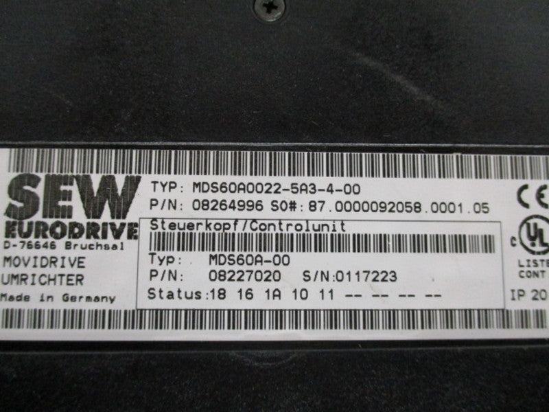 SEW EURODRIVE MDS60A0022-5A3-4-00 INVERTER DRIVE (AS IS)  UNMP