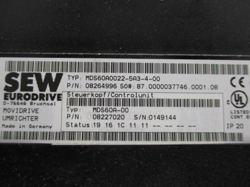 SEW EURODRIVE MDS60A0022-5A3-4-00 INVERTER DRIVE (AS IS)  UNMP
