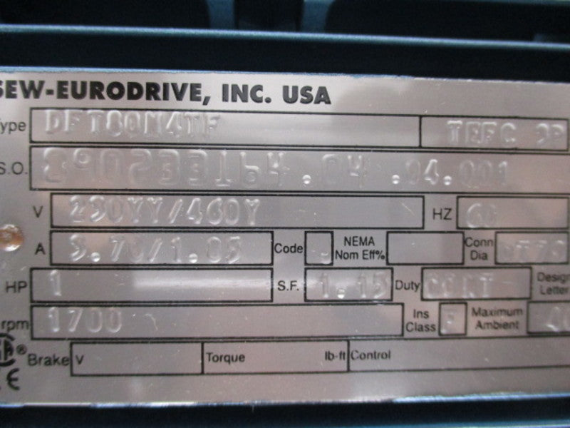 SEW-EURODRIVE DFT80N4TF MOTOR 1 HP  NSNP