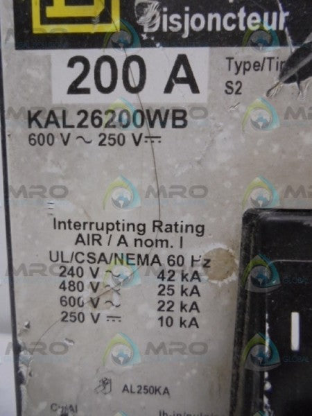 SQUARE D KAL26200WB CIRCUIT BREAKER  UNMP