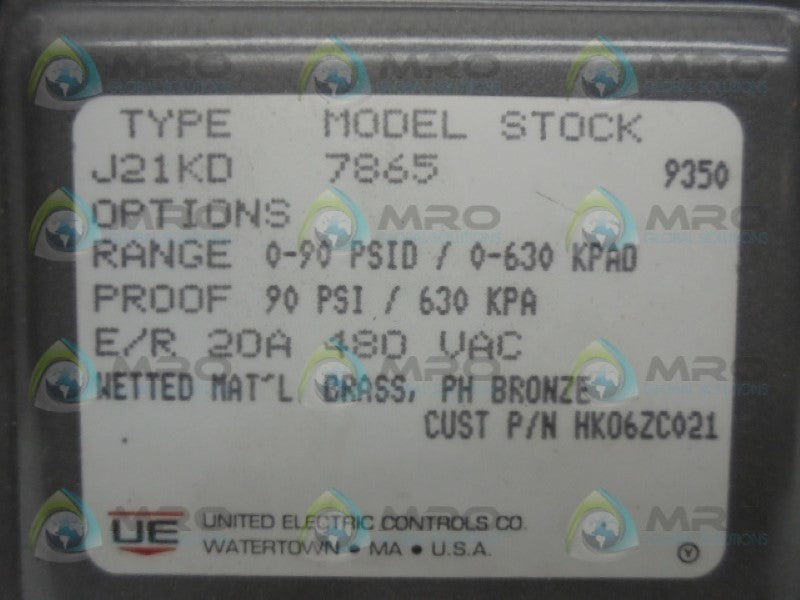 UNITED ELECTRIC J21KD-7865 PRESSURE CONTROL SWITCH  NSNP