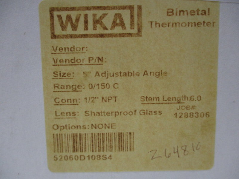 WIKA MODEL 52 52060D108S4 THERMOMETER  NSMP