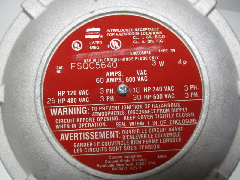 CROUSE-HINDS FSQC5640 INTERLOCKED RECEPTACLE 60A 120/480V  NSMP