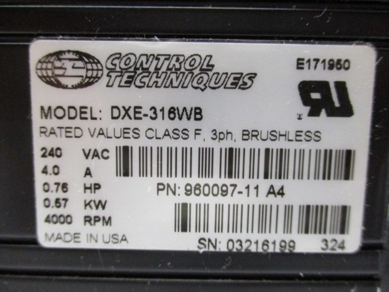 CONTROL TECHNIQUES DXE-316WB SERVO MOTOR 240V 0.76 HP 4000 RPM  NSMP