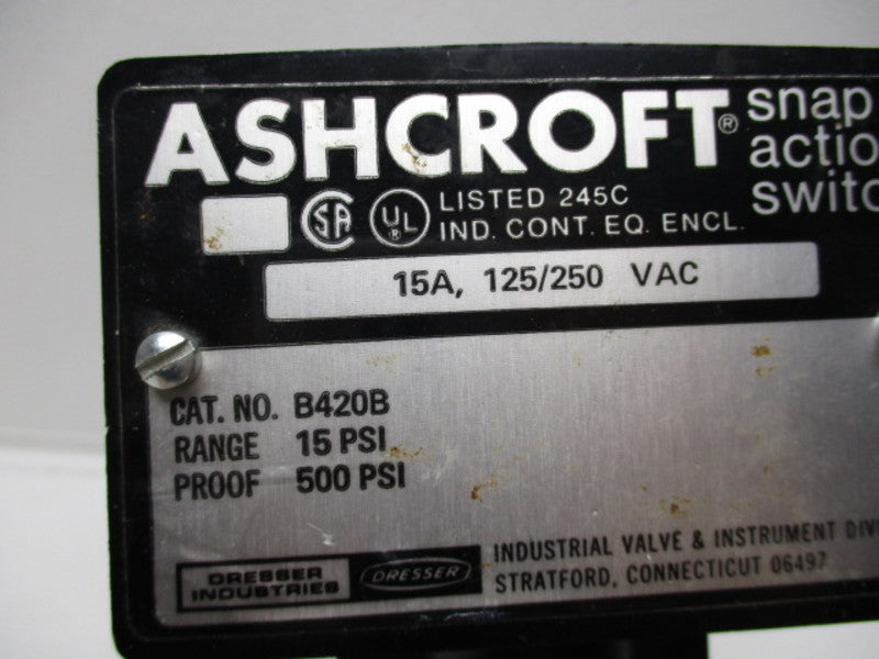 ASHCROFT B420B SNAP ACTION SWITCH 15A 15PSI 125/250 VAC  NSNP