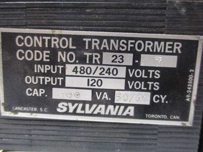 SYLVANIA TR23-7 TRANSFORMER INPUT 480/240V OUTPUT 120V NSNP