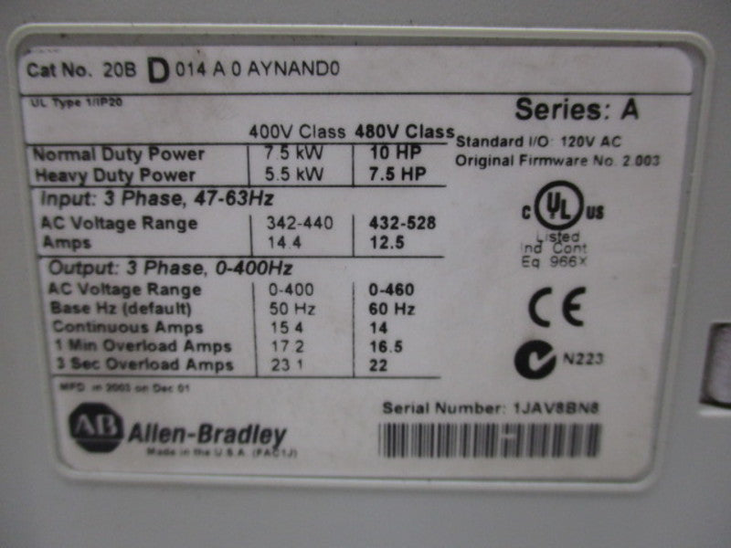 ALLEN BRADLEY 20BD0140AYNAND0  UNMP