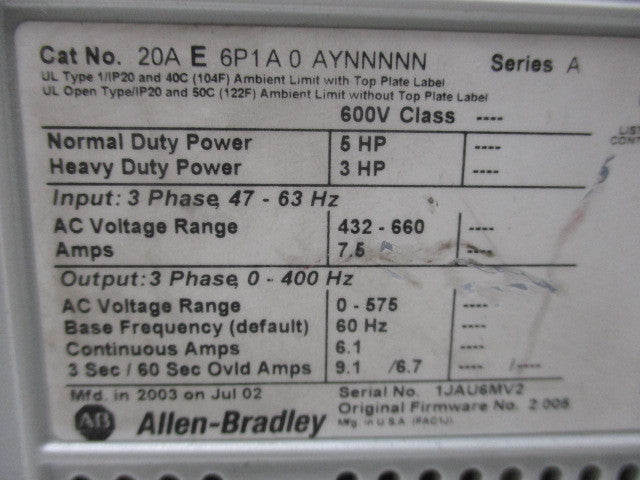 ALLEN BRADLEY 20AE6P1A0AYNNNNN SER. A F/W: 2.005 w/CONTROLLER UNMP