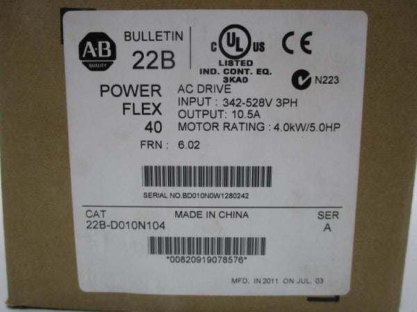 ALLEN BRADLEY 22B-D010N104 SER. A 342-528V 10.5A F/W 6.02 NSMP