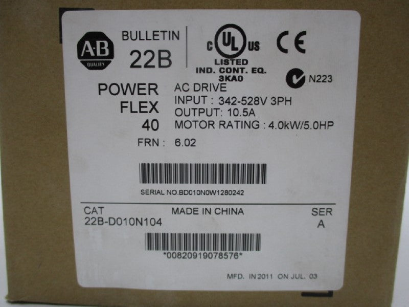 ALLEN BRADLEY 22B-D010N104 SER. A 342-528V 10.5A F/W 6.02 NSMP