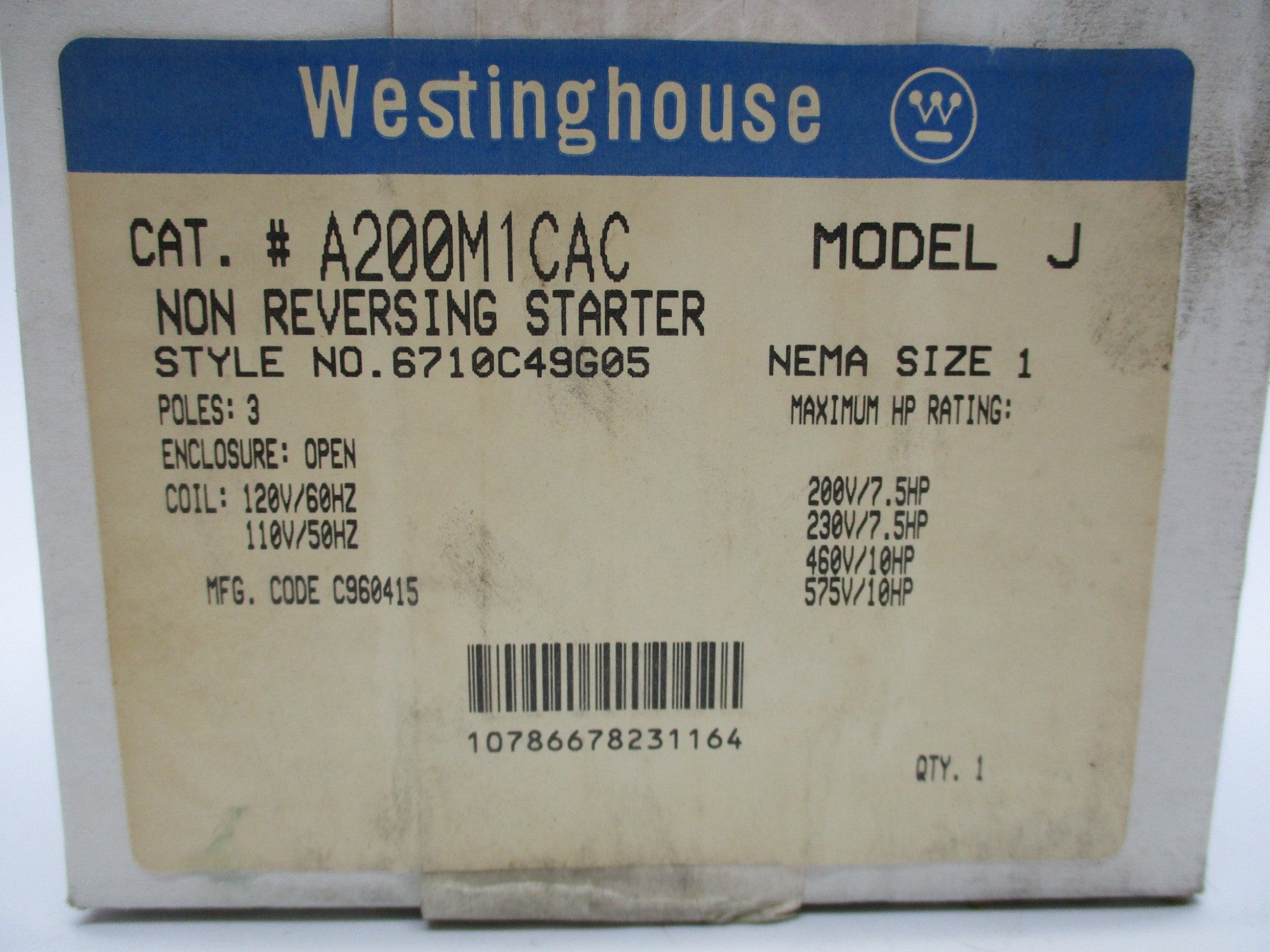 WESTINGHOUSE A200M1CAC 6710C49G05 110/120V NSFS