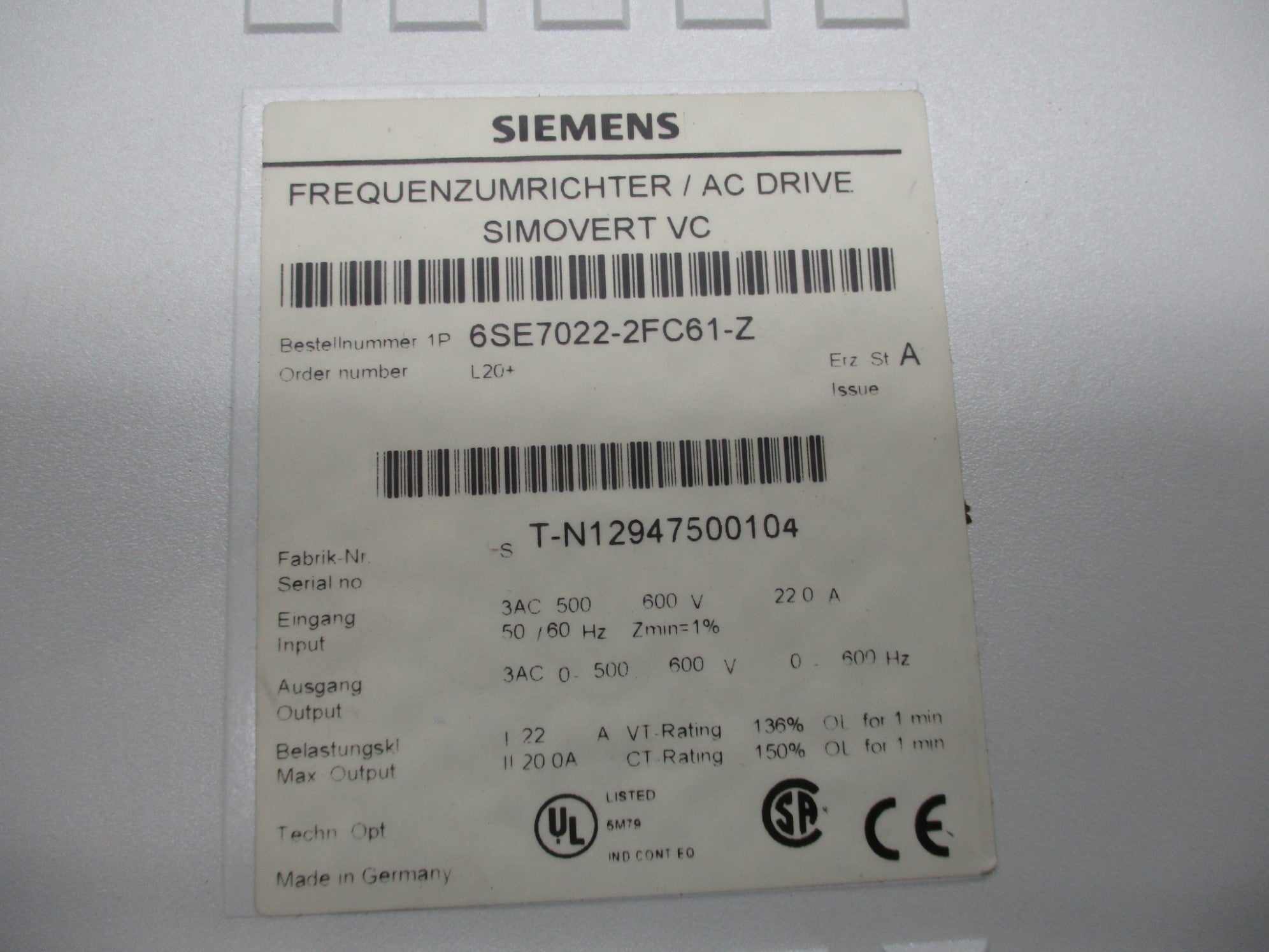 SIEMENS 6SE7022-2FC61-Z UNMP