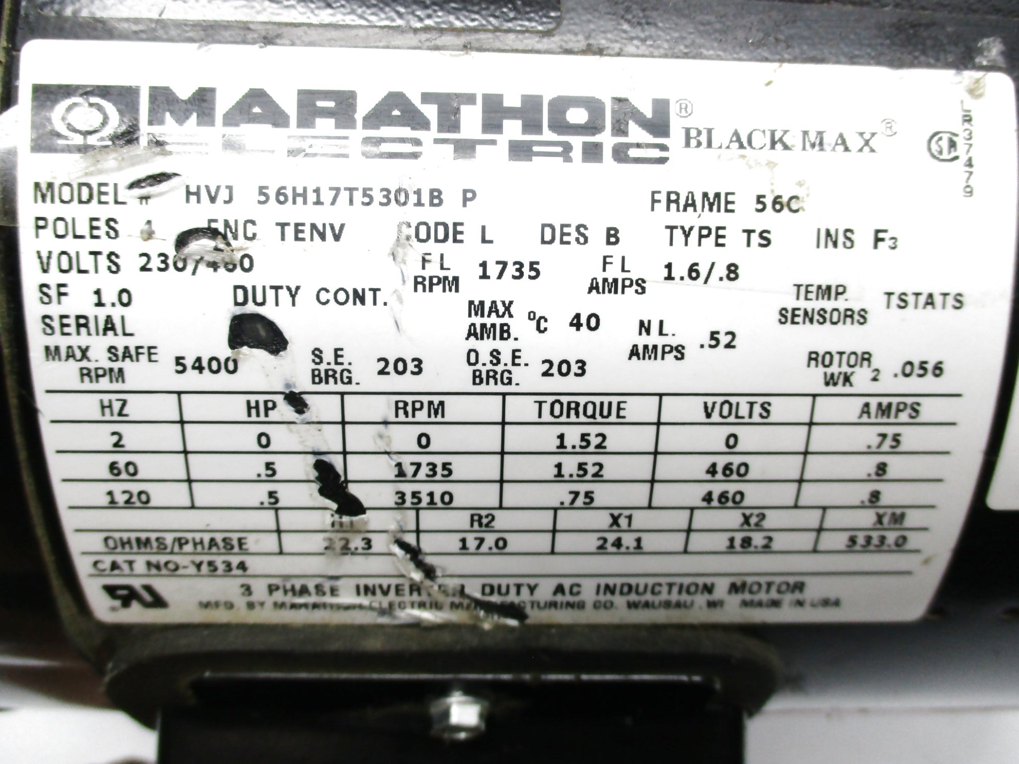 MARATHON ELECTRIC Y534 MODEL HVJ-56H17T5301B UNMP