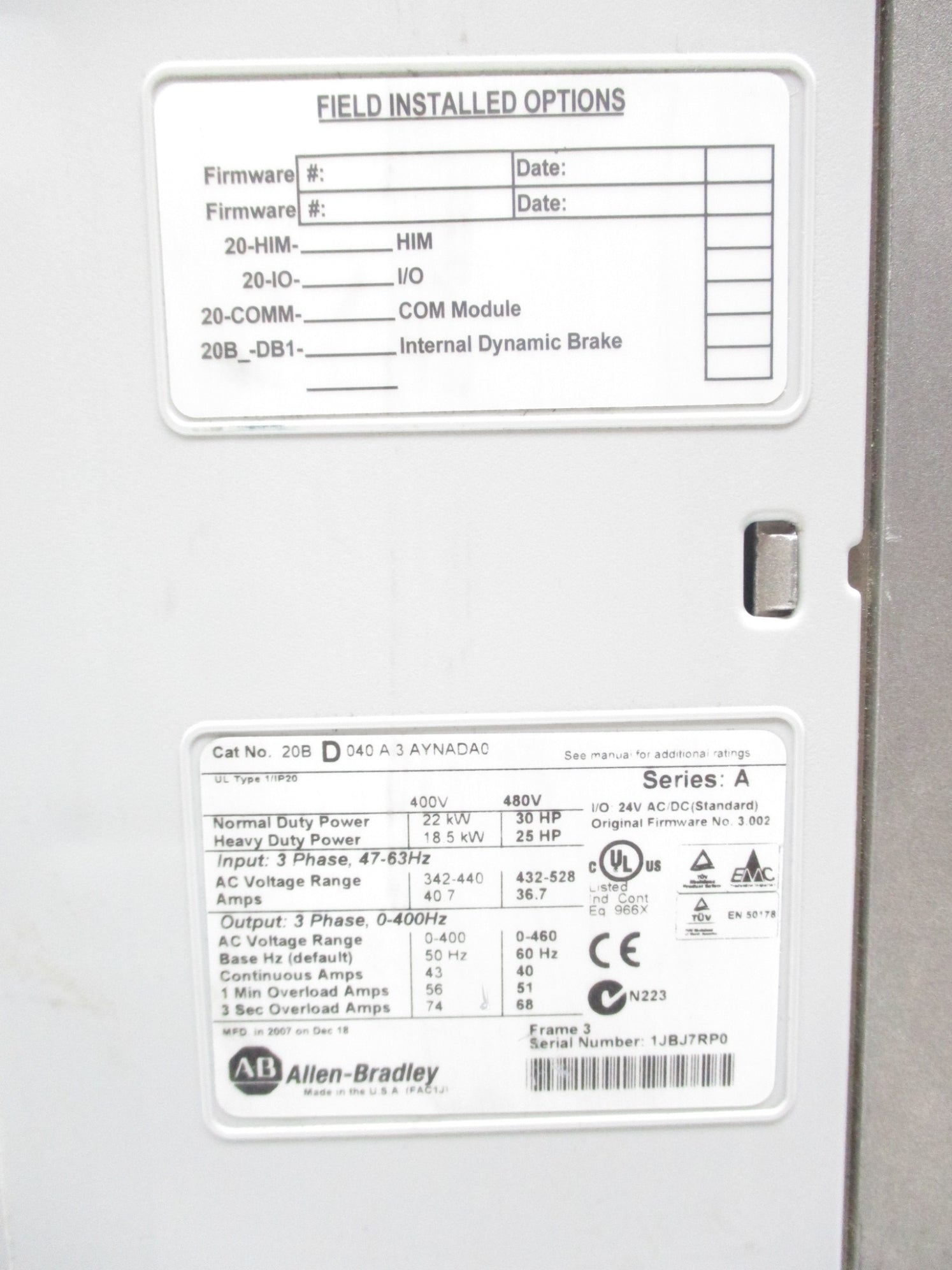 INDUSTRIAL SPARE PART 20BD040A3AYNADA0 SER. A F/W 3.002 (AS PICTURED) NSNP