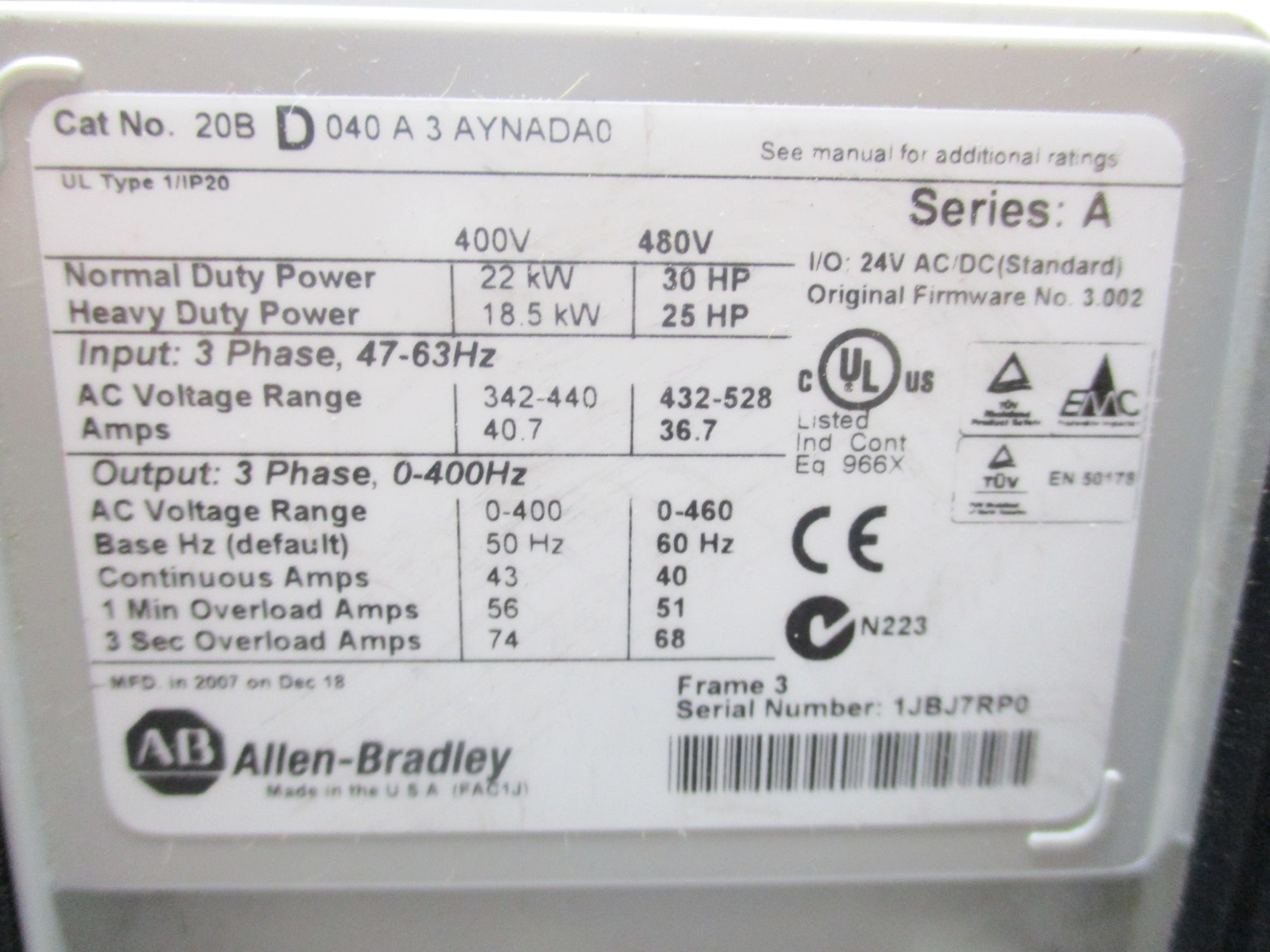 INDUSTRIAL SPARE PART 20BD040A3AYNADA0 SER. A F/W 3.002 (AS PICTURED) NSNP