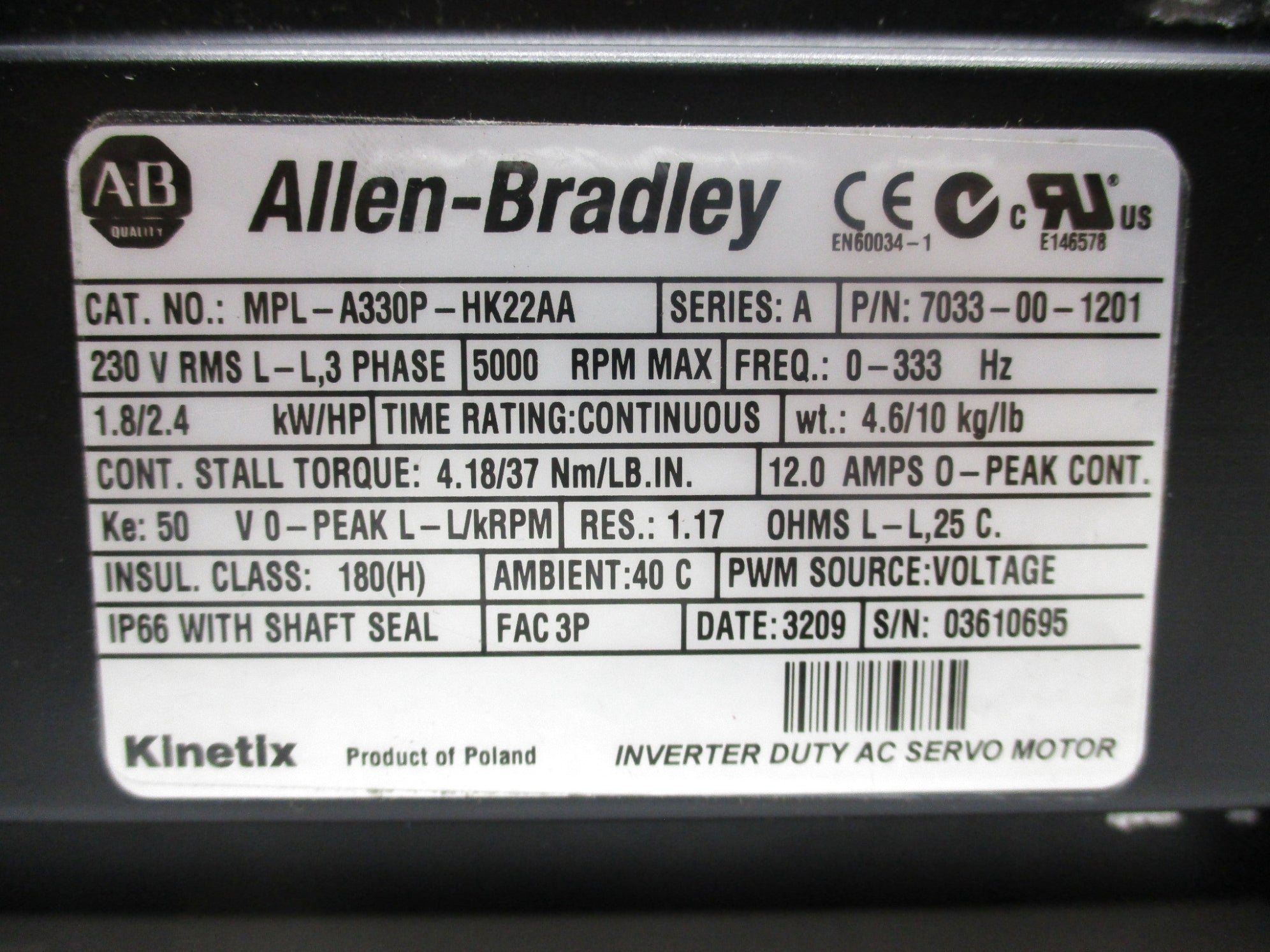 ALLEN BRDLEY MPL-A330P-HK22AA UNMP