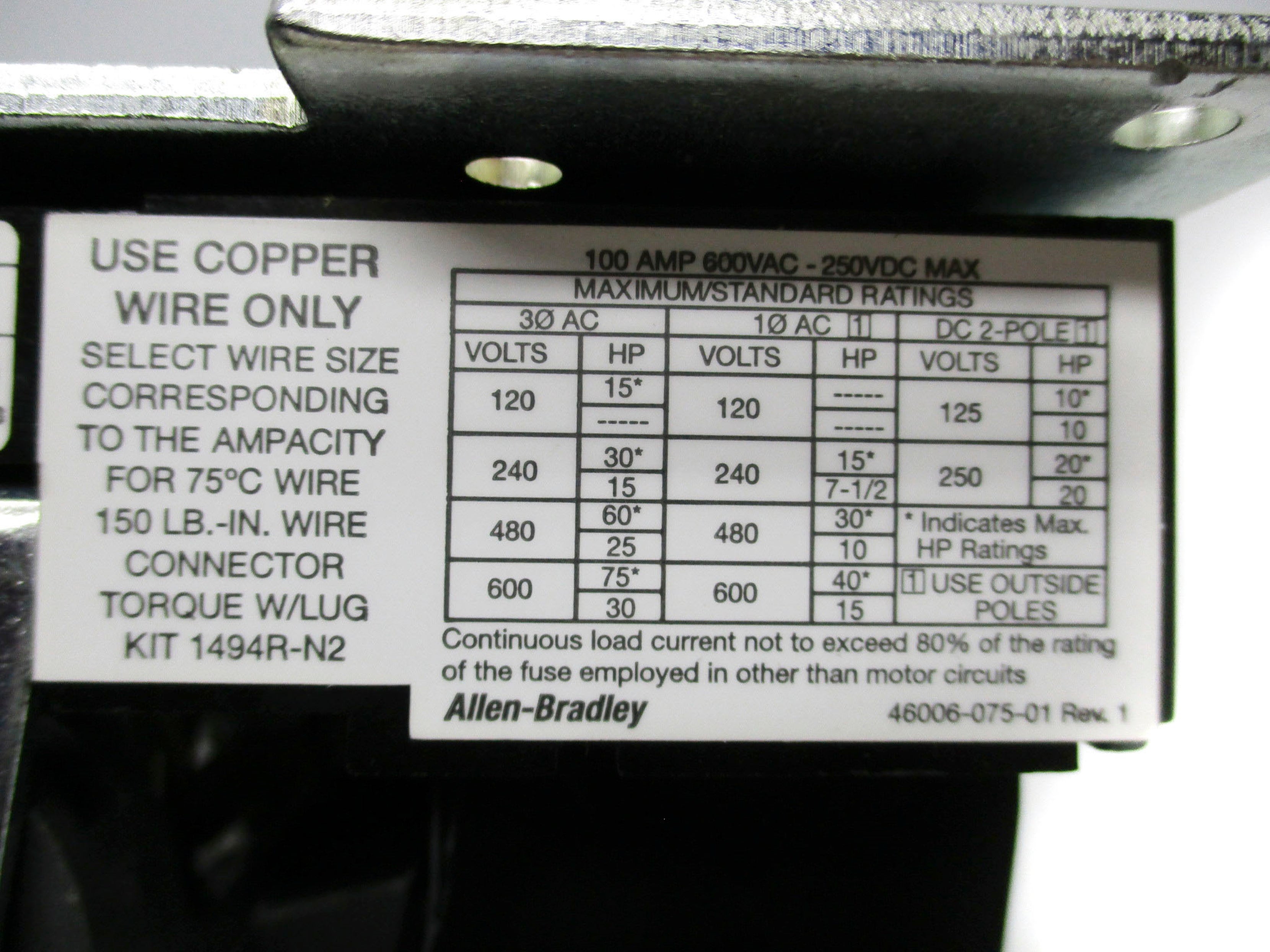 ALLEN BRADLEY 1494V-DS100 SER. D 600VAC 100A NSNP