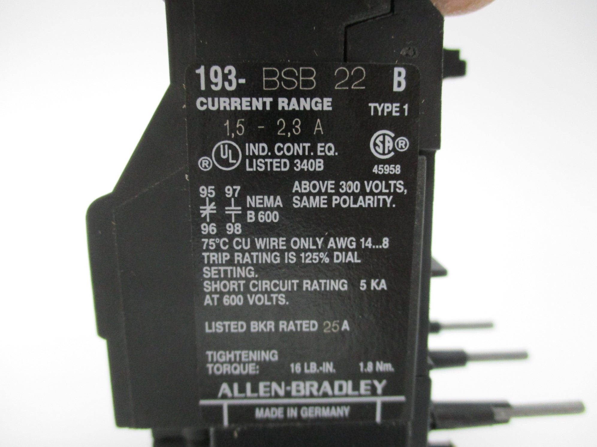 INDUSTRIAL SPARE PART 193-BSB22 SER. B 600V 1.5-2.3A (BK/YL) NSMP