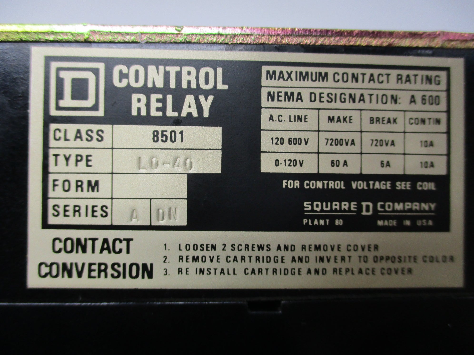 SQUARE D 8501 L0-40 120V SER. A NSMP