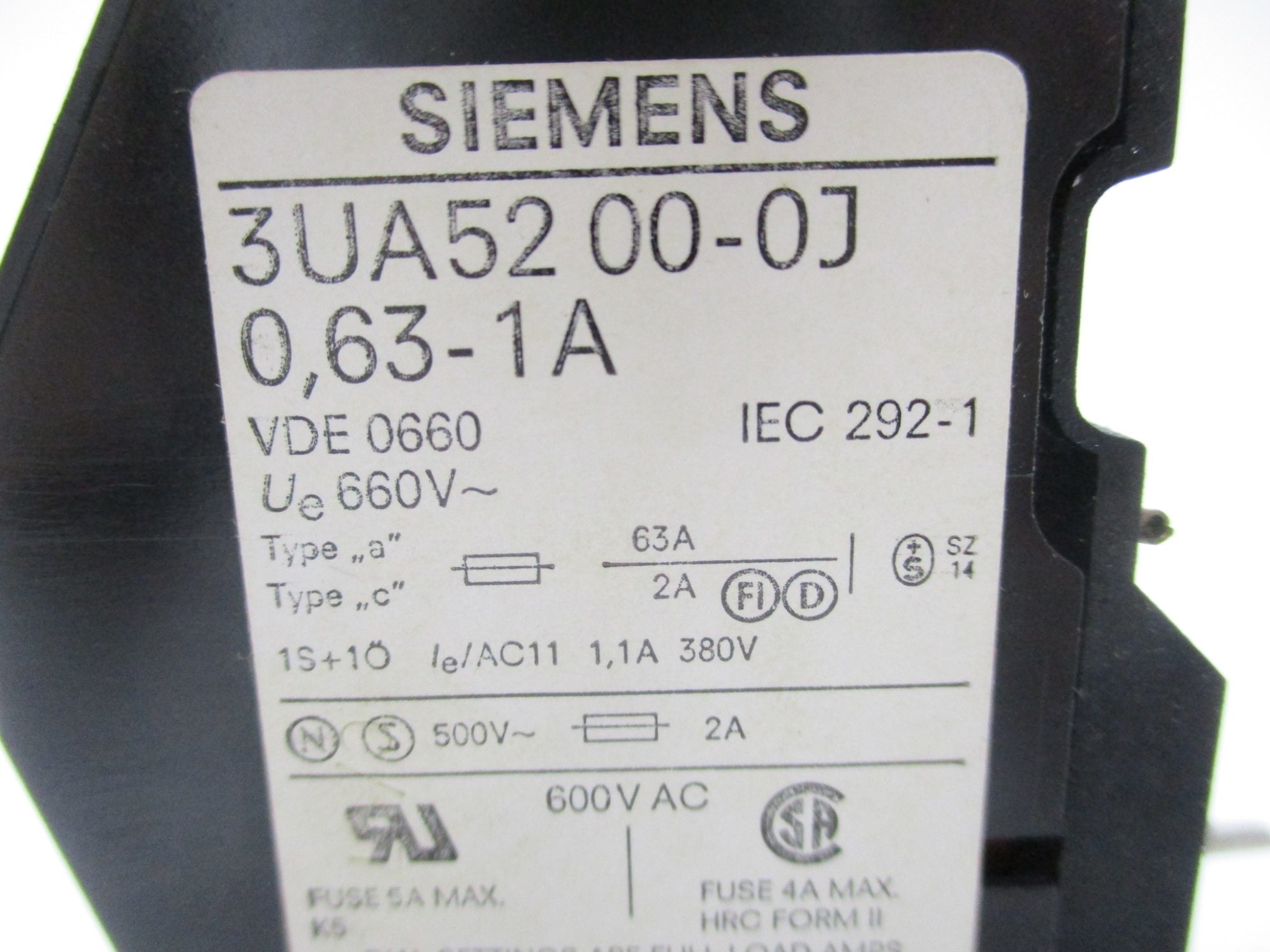 SIEMENS 3UA5200-0J 600VAC 0.63A-1A NSMP